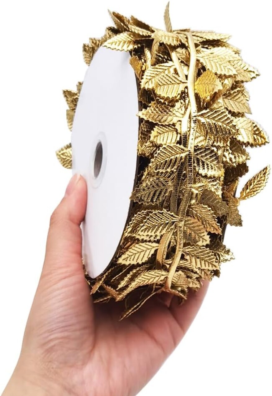 60 Foot Gold Leaf Ribbon Artificial Double-Faced Gold Leaves (Gold) 792"L x 1.6"W